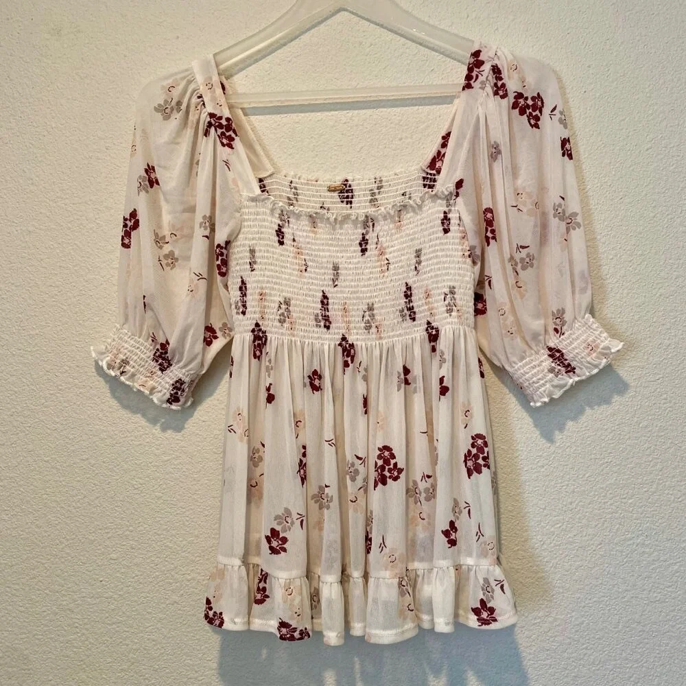 Free People Delta Dawn Floral‎ Mesh Babydoll Top Size Small